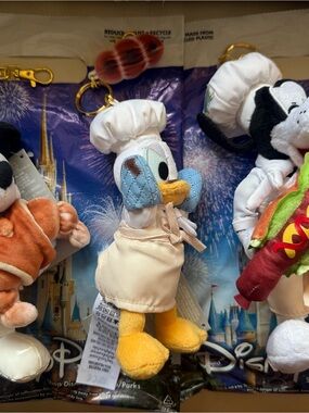 Disney Mickey, Goofy, Donald Plush Keychain with White Chef Outfits. Brand new